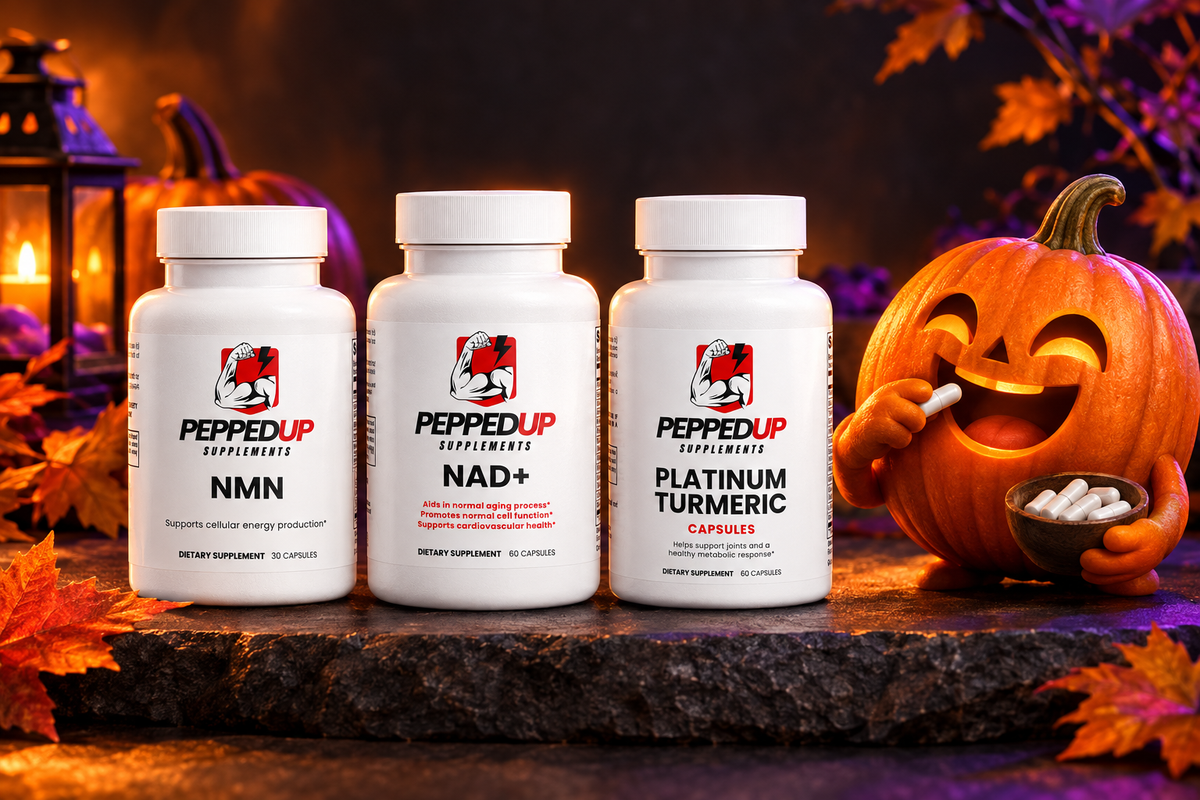 Halloween scene with the three PeppedUp supplements and a jack-o’-lantern