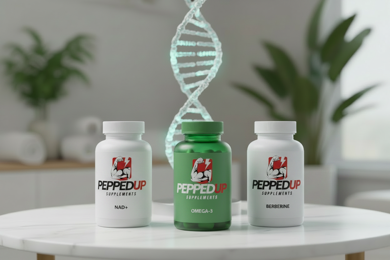 Three white PeppedUp Supplements bottles labeled NAD+, Omega-3, and Berberine on a marble table with a glowing DNA double helix